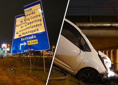 Automobilist rijdt verkeersbord aan gort in Deventer en crasht onderaan talud