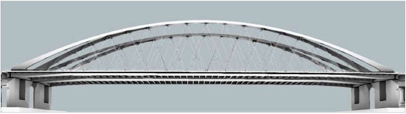 Impressie van de nieuwe Merwedebruggen: twee bruggen die reiken van oever tot oever met elk één enkele boog die het brugdek draagt.