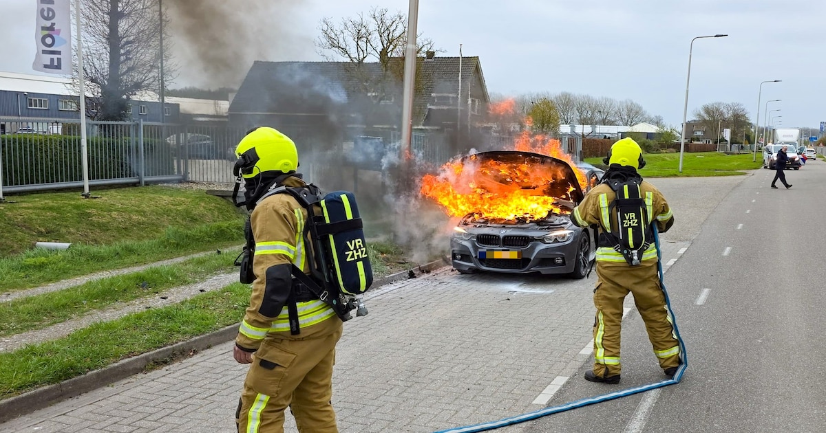 Auto in brand langs Langeweg in Zwijndrecht