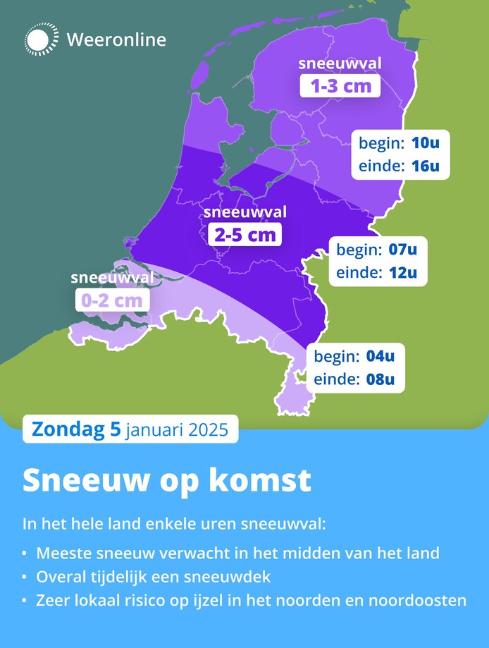 De te verwachten sneeuwval op zondagochtend.