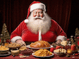 De kerstman zweeft weg na een overdadig kerstdiner - een humoristische AI-creatie