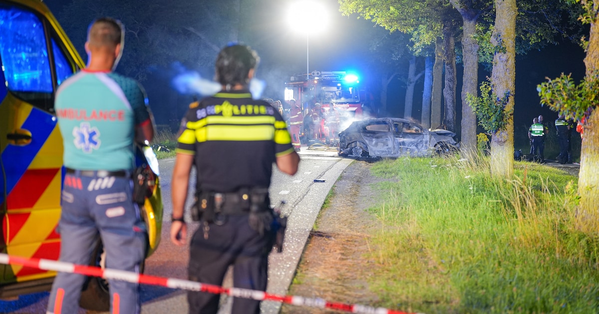 Auto crasht tegen boom en vliegt in brand in Gronings buitengebied: twee mannen (25 en 30) overleden