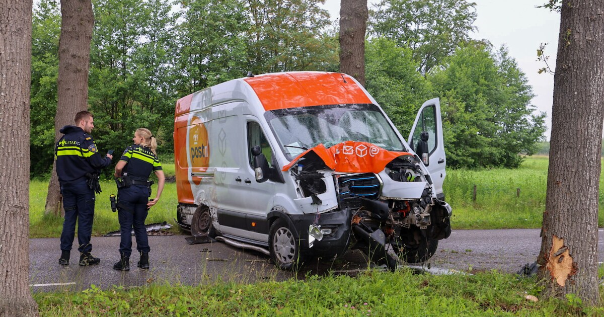 Pakketbezorger botst tegen boom op Asschatterweg in Achterveld