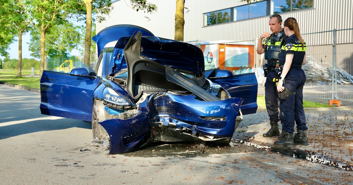 Tesla crasht tegen boom in Emmeloord en raakt fors beschadigd