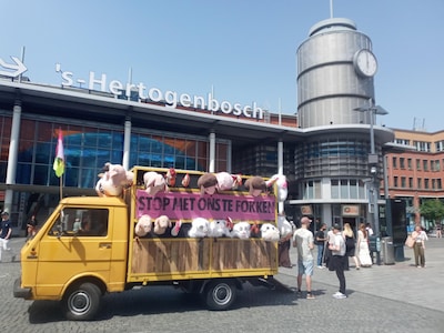 Winkelend publiek verrast door ‘Banksy-veewagen’ in Den Bosch