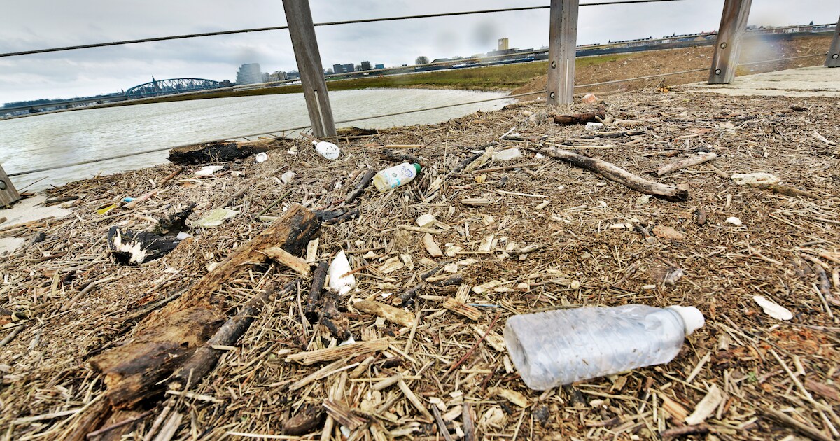 Hoogwater laat hele berg rotzooi achter in de Biesbosch