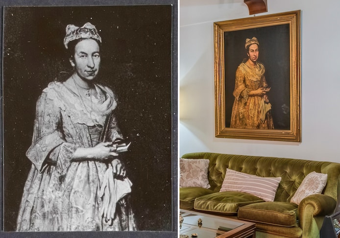 De zwartwitfoto van het portret van gravin Colleoni, zoals het op de Nederlandse aangifte van vermissing na de oorlog staat. En het daadwerkelijke schilderij zoals te zien op de foto van de Argentijnse makelaar, die de betreffende woning te koop aanbood.