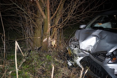 Auto belandt tegen boom onderaan dijk in Kampen