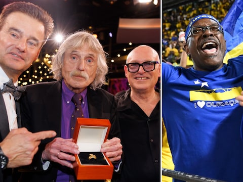 Wilfred Genee, Johan Derksen en René van der Gijp van Vandaag Inside. Rechts: blijdschap bij fans na kwalificatie Curaçao.