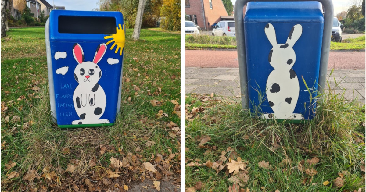 Beschilderde prullenbak geplaatst bij basisschool in Roden
