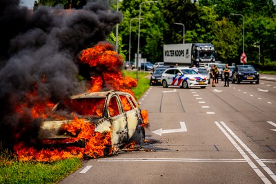 Gigantische vlammen nadat auto in brand vliegt op de weg Dieren