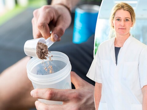 rechts: internist-oncoloog Karen Bolhuis, links eiwitpoeder in een beker.