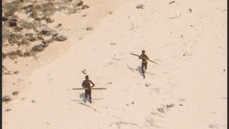 North Sentinel Island. Residents shoot at a helicopter with a bow and arrow