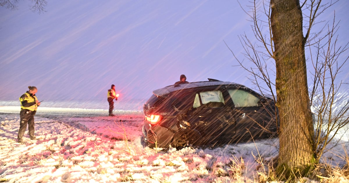Automobilist tegen een boom op de besneeuwde Hogelandsterweg
