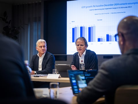 Groepsdirectievoorzitter Stefaan Decraene (links) en financieel topman Bas Brouwers presenteerden opnieuw een recordwinst voor de Rabobank.