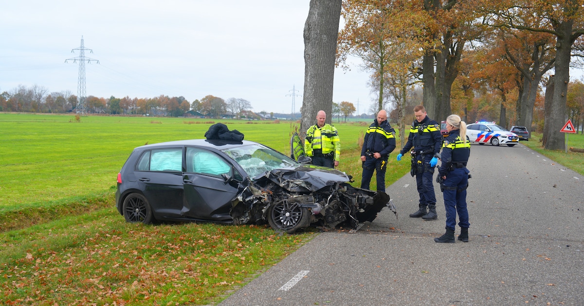 Automobilist komt vlak naast A32 frontaal in botsing met boom