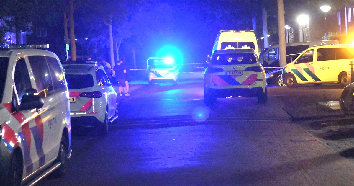 Police vehicles and emergency tape cordoning off a residential street in The Hague at night.