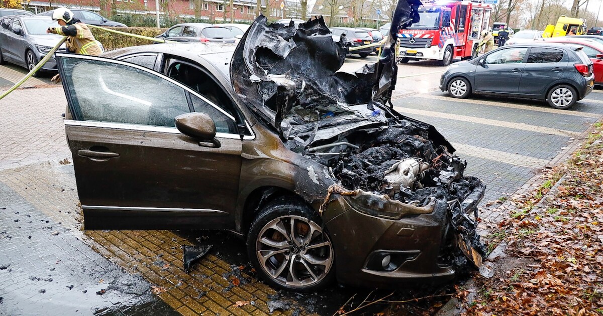 Vlammenzee verwoest auto op parkeerterrein in Eemnes