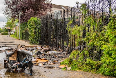 Containerbrand legt deel coniferenhaag in de as