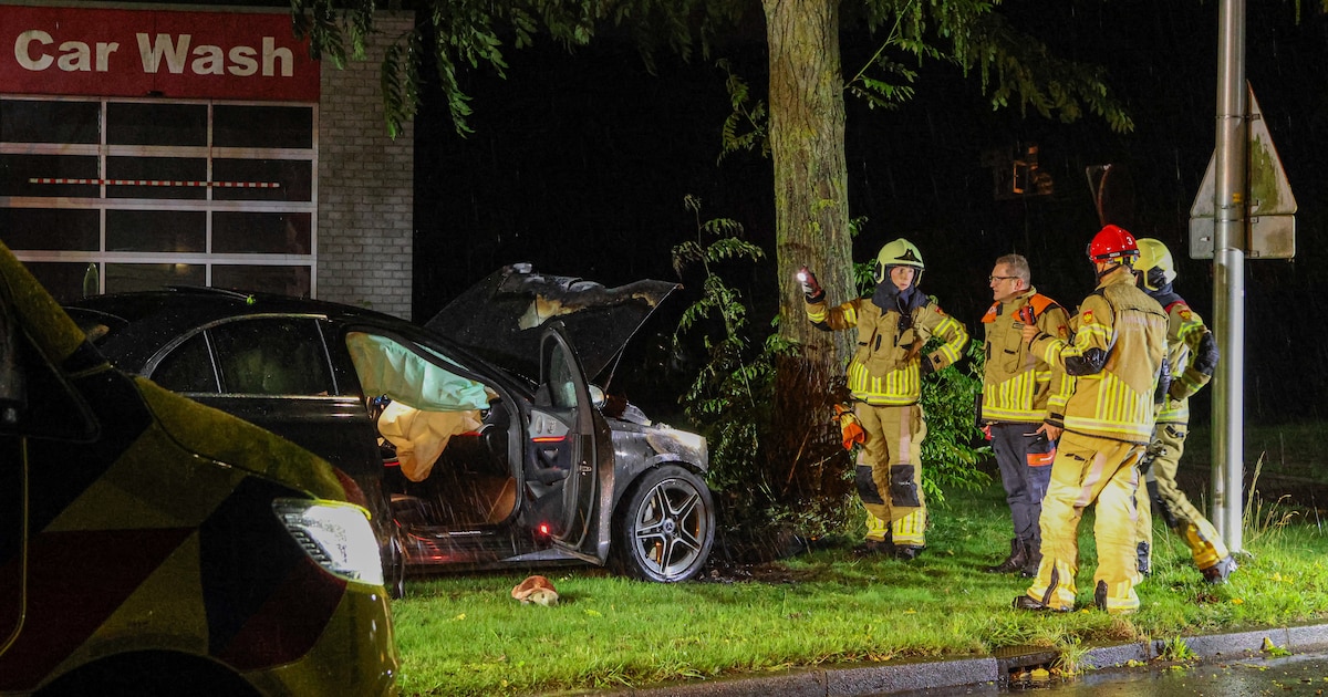 Auto botst tegen boom en vliegt in brand in Raalte, bestuurder (19) naar ziekenhuis