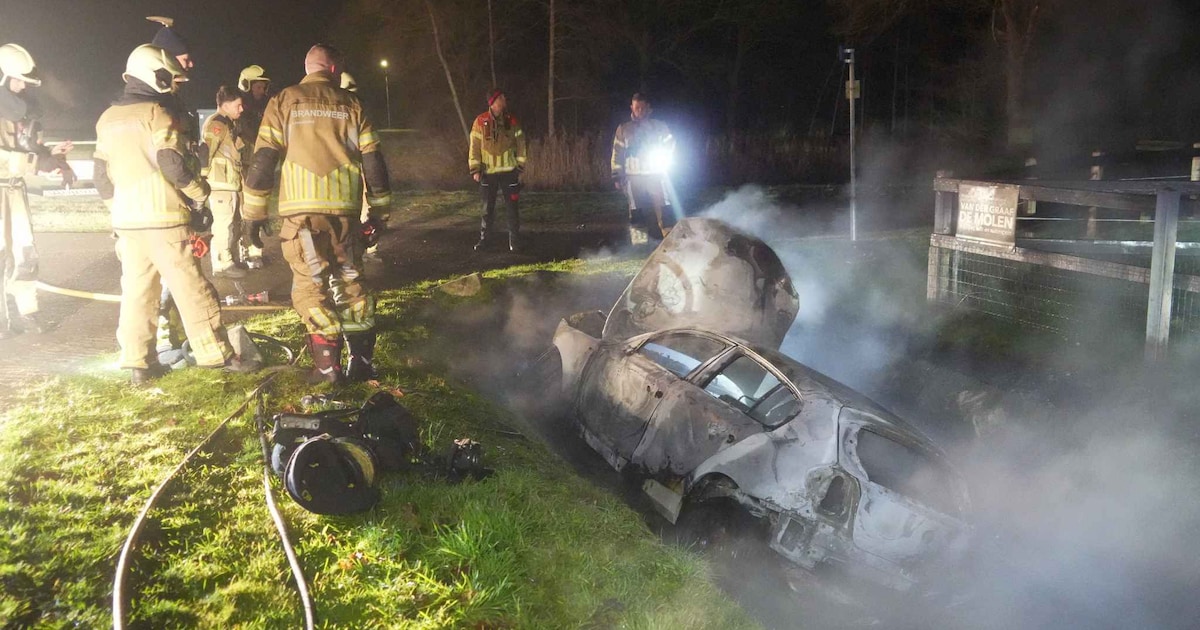 Auto vliegt in brand na crash in sloot in Dedemsvaart, bestuurder naar ziekenhuis