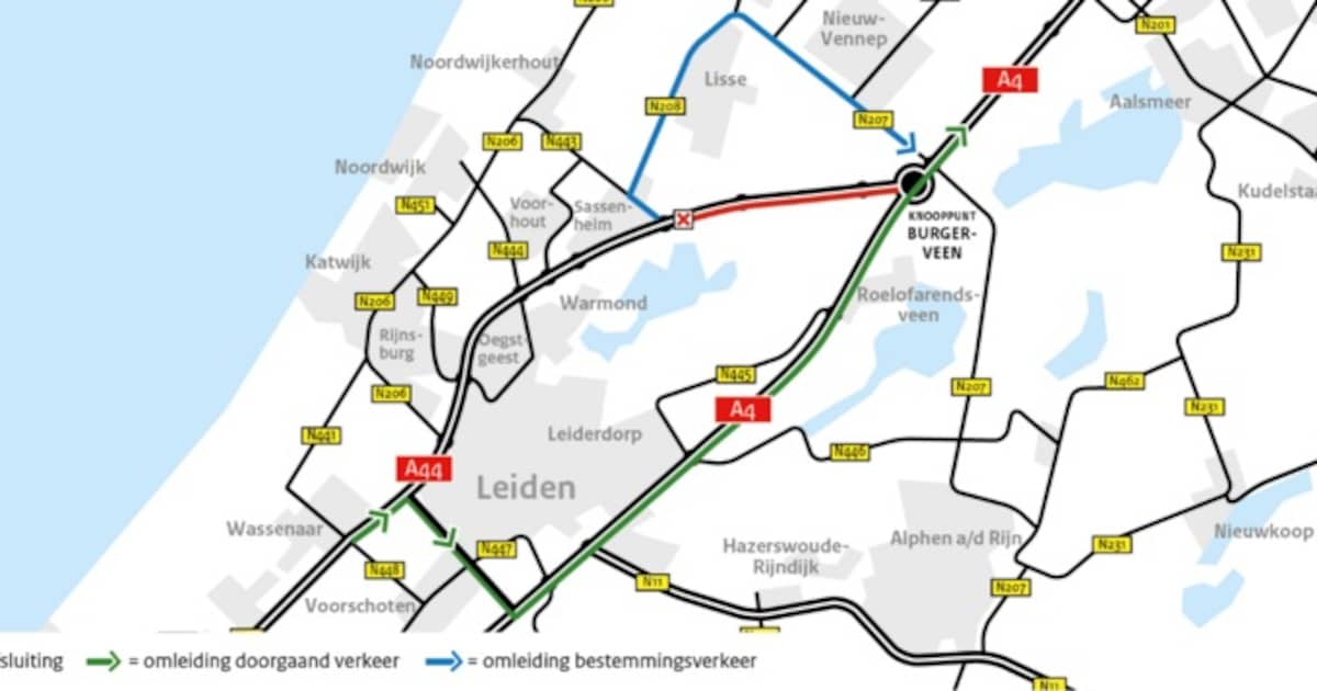 A44 opnieuw dicht begin juli: werk aan Lisserwegviaduct, verkeer omgeleid