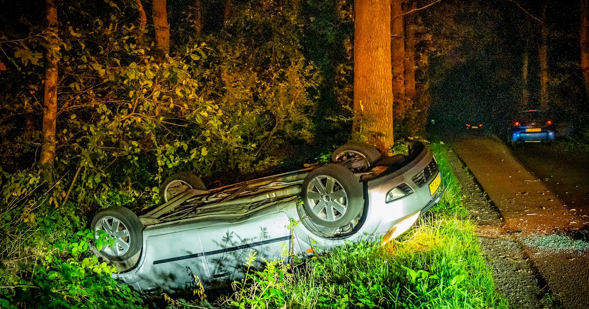 Beschonken bestuurder rijdt auto tegen boom en belandt ondersteboven in sloot bij Wijnjewoude
