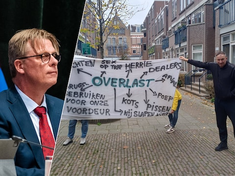Links: wethouder Ronald Buijt. Rechts: bewoner Werner Risakotta houdt het spandoek vast. De wijk smeekt om maatregelen tegen de overlast.