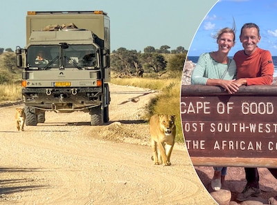 Marco en Lisette uit Agelo rijden met truck tussen de leeuwen, maar door oorlog is rest van de route