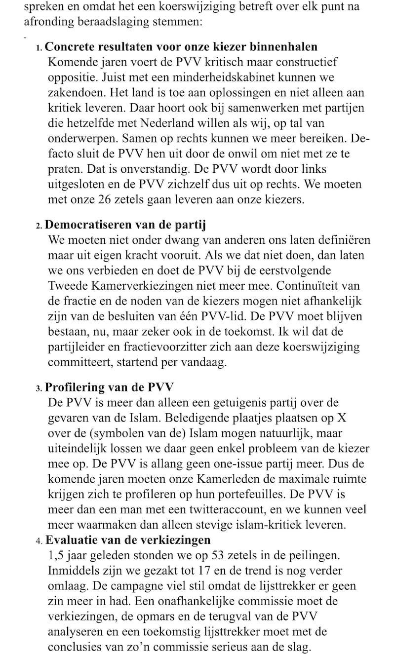 Screenshot van de brandbrief uit de PVV-fractie.