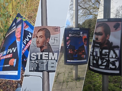 Hakenkruizen en Hitlersnorren op verkiezingsposters in Enschede: ‘Respecteer de vrijheid van menings