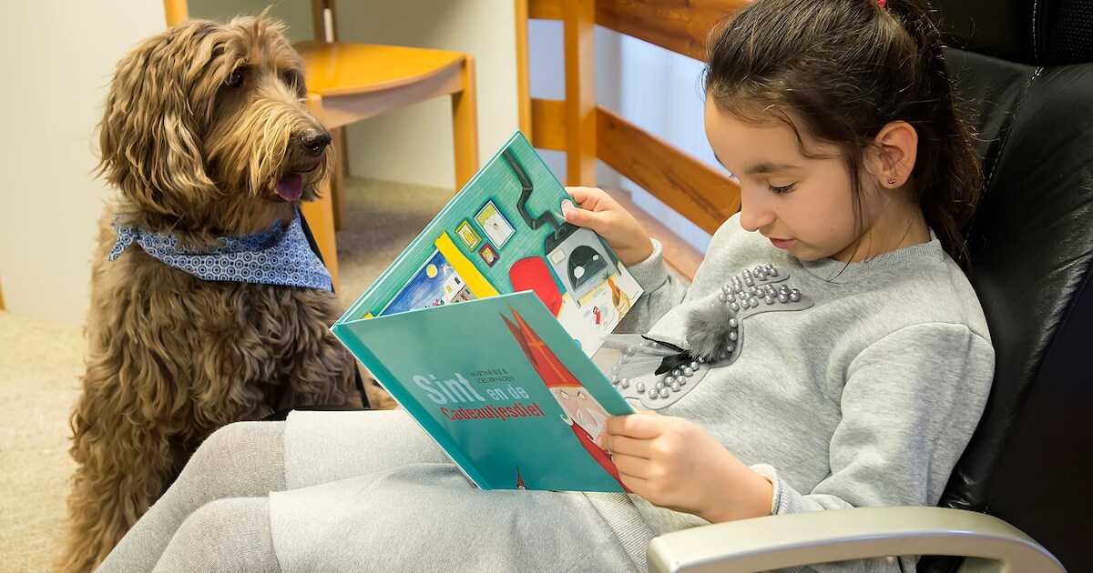 Voorleeshond luistert naar kinderen in Bibliotheek Zuidland