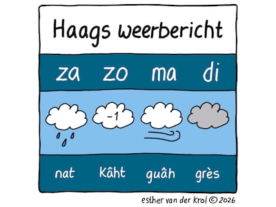 Cartoon: ‘Om misverstanden over het weer te voorkomen, bieden wij het weerbericht aan in Haags diale