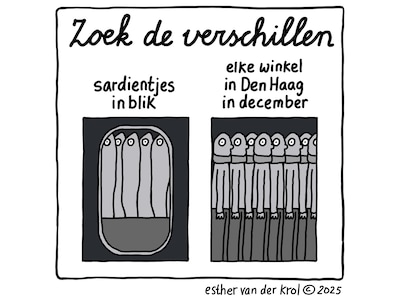 Cartoon: ‘Kom shoppen in Den Haag! Je voelt je zo vrij als een vis in een blikje!’