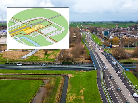 De plek van het nog nieuw te bouwen station in Hazerswoude-Rijndijk. Inzet: een voorzichtige situatieschets van het toekomstige station. Hier kan nog het een en ander aan veranderen.