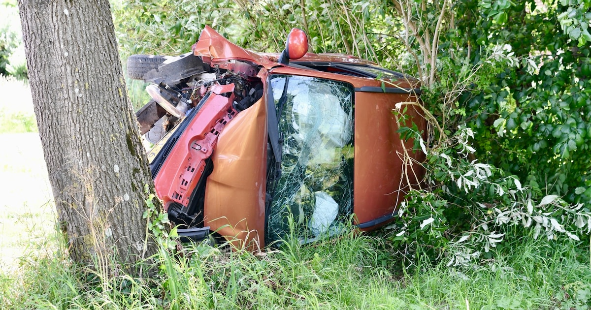 Automobilist knalt met auto tegen boom in Hoogwoud, auto total loss