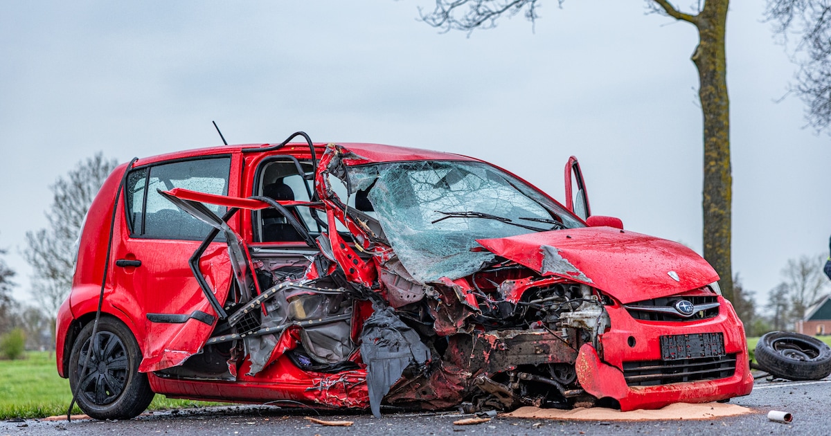 Auto in de kreukels na botsing tegen boom in Oldekerk, vrouw gewond