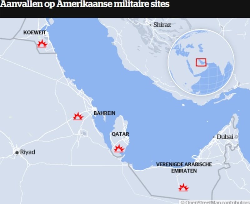 Kaartje van aanvallen van Iran op Amerikaanse bases