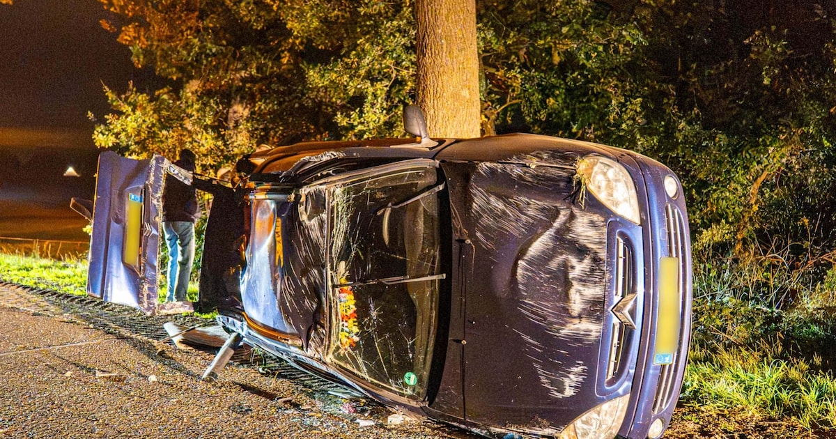Auto botst tegen boom en slaat over de kop in Lierop: bestuurder naar ziekenhuis