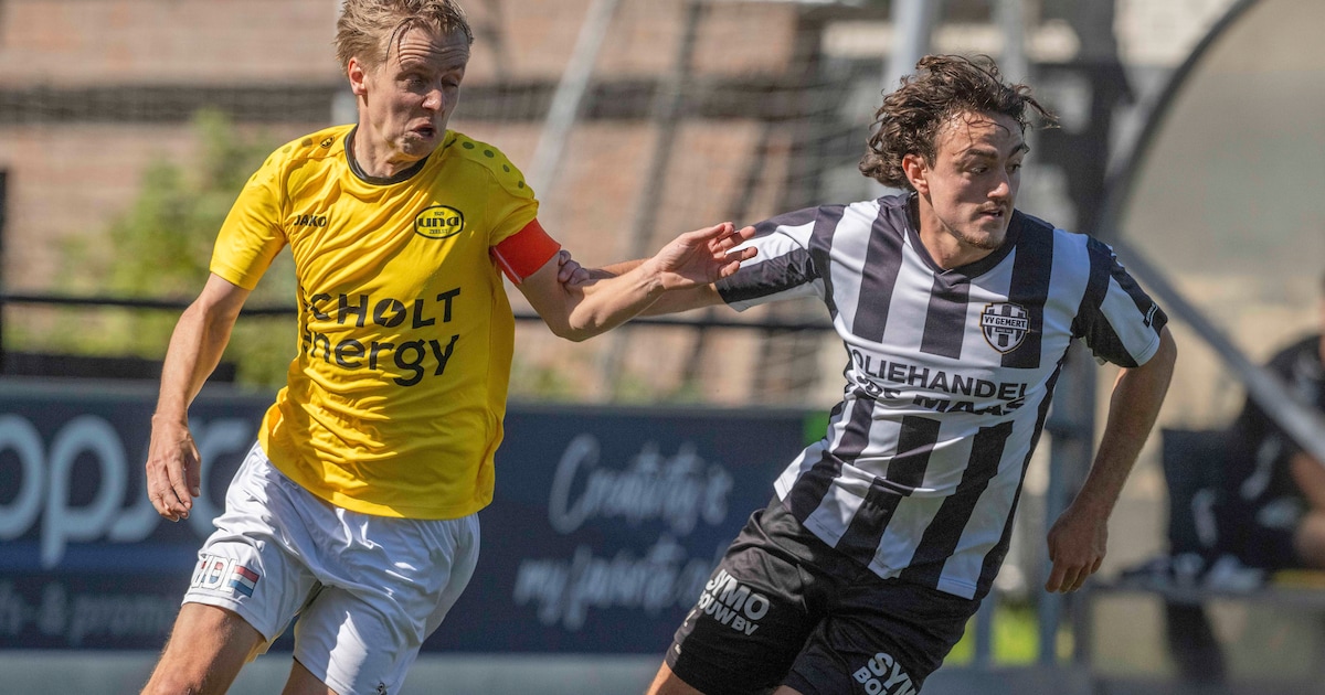 Speler van Gemert kan in Brabantse derby niet meer remmen en vliegt over boarding: ‘Inschattingsfout