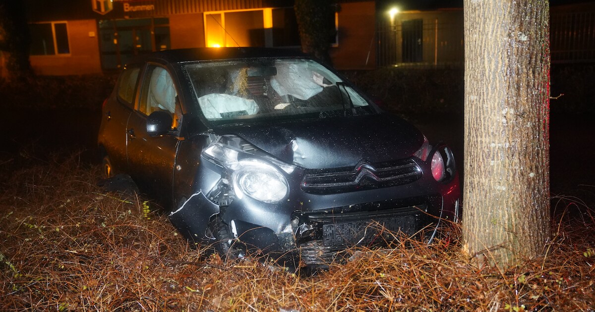 Auto botst tegen lantaarnpaal en boom in Brummen