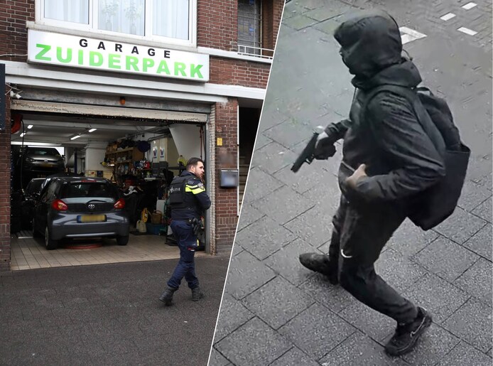De schutter die op camera werd vastgelegd rond de aanslag bij een autogarage in Den Haag. 