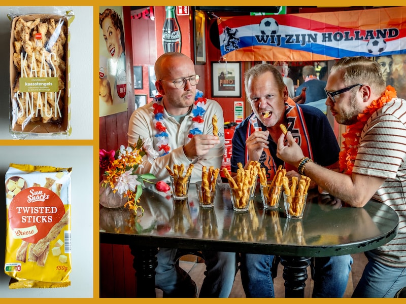 Bij voetbal horen kaassnacks, daar zijn de experts het over eens. Of zoals de cafébazin het zegt: „Bier met kaas, het rijmt niet, maar het scoort wel.’’ Vlnr. Tim de Koning, Ricardo Eshuis en Bas Erkens.