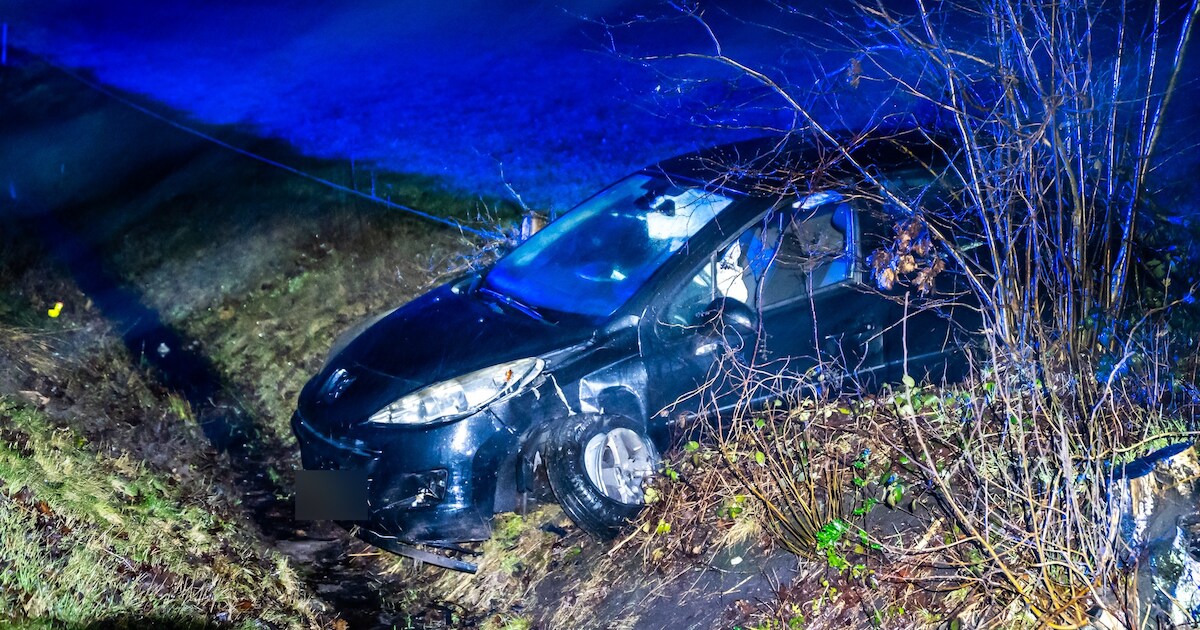 Auto botst tegen boom en komt in greppel langs N351 bij Oldeberkoop terecht