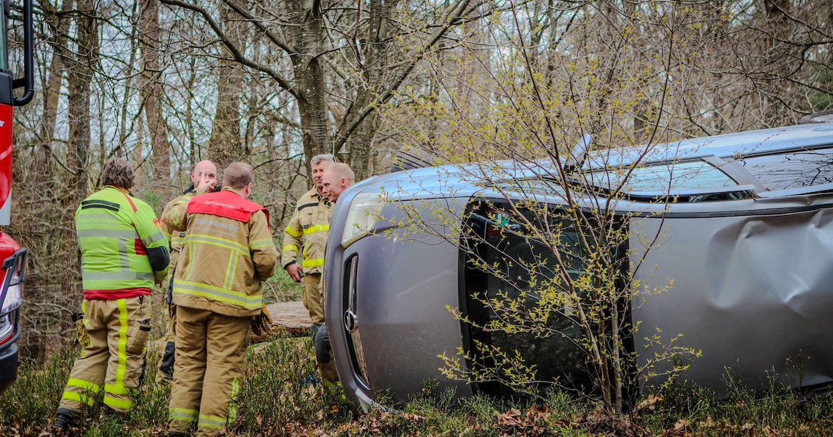 Auto kantelt tussen bomen in Hoenderloo