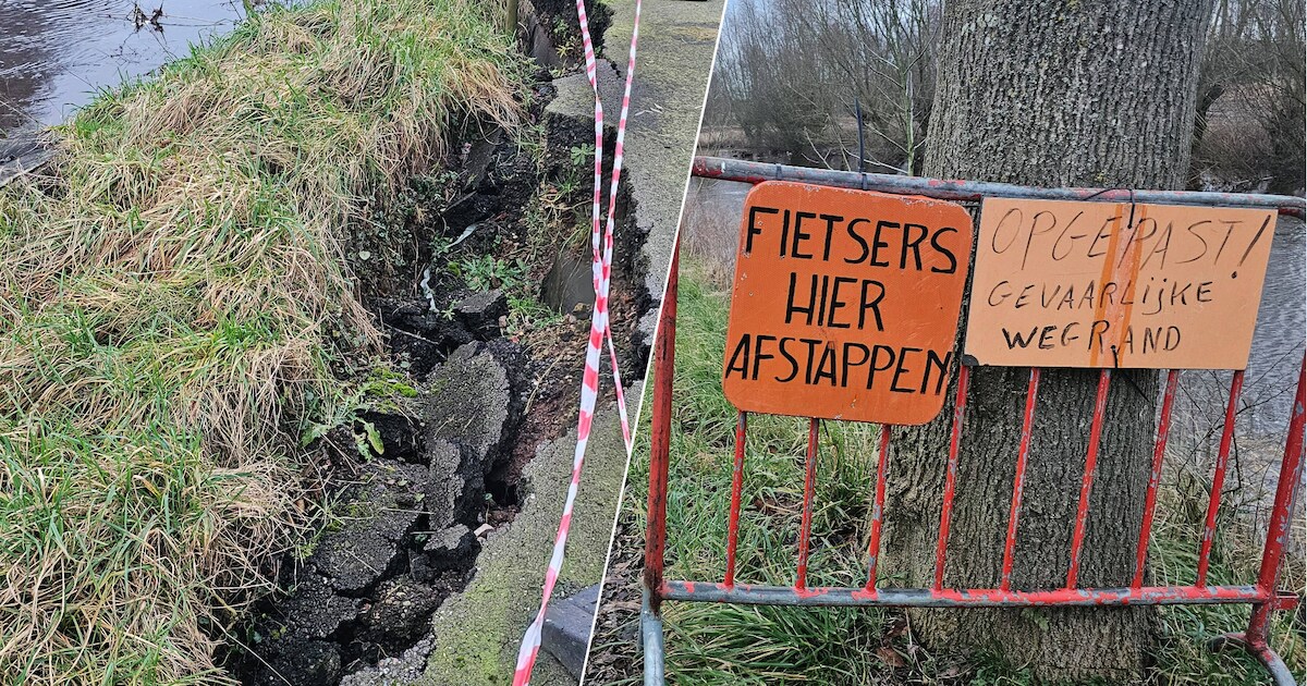 Populair fietspad naar België weggezakt in de rivier en voorlopig onbegaanbaar