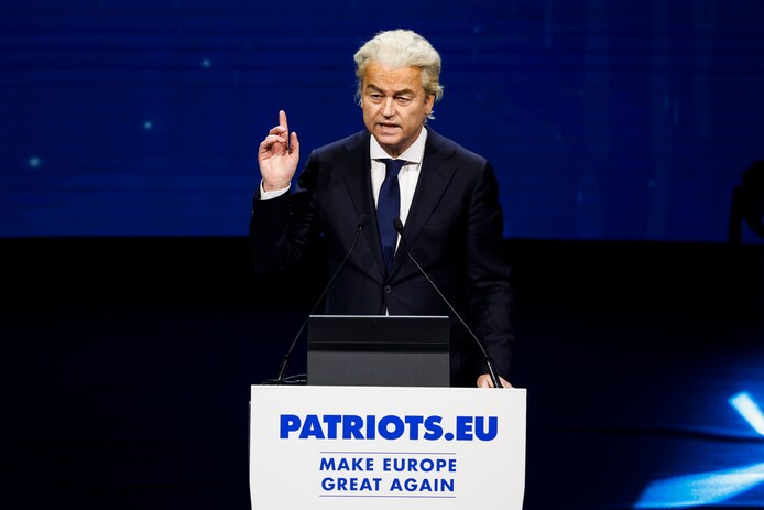 Geert Wilders op een bijeenkomst van Patriots for Europe.