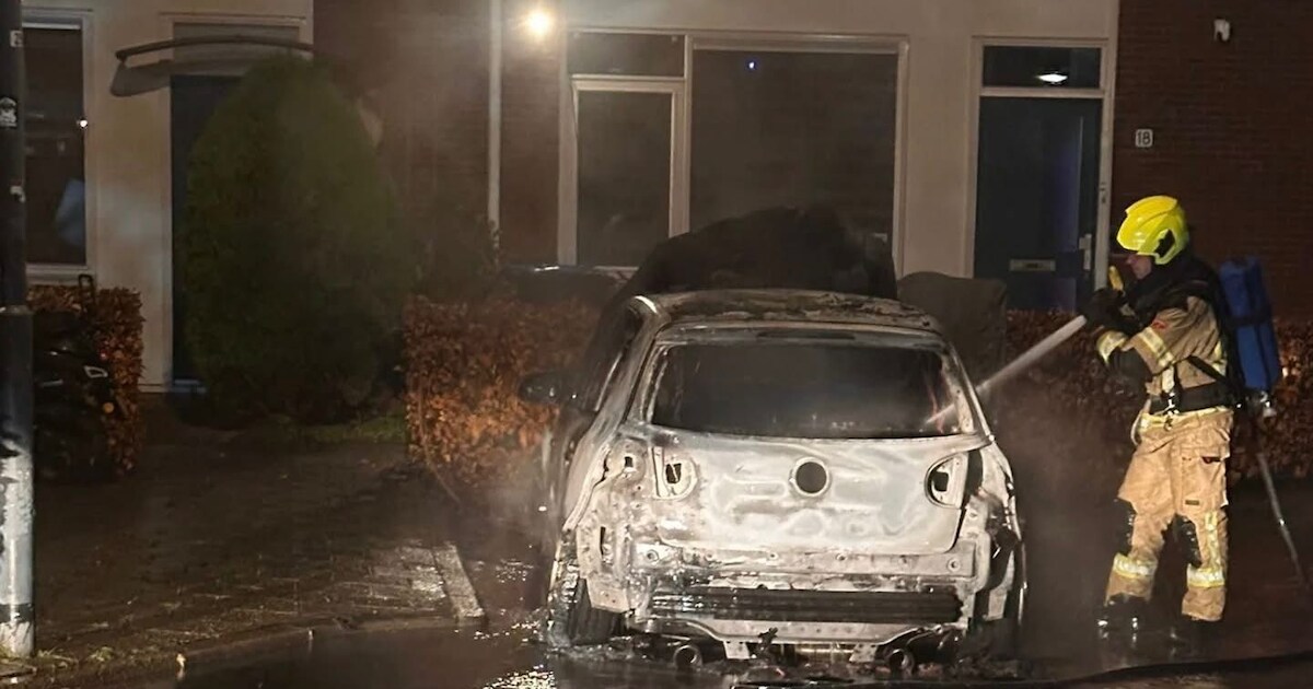 Auto gaat in vlammen op aan het Spreeuwehof in Heinkenszand