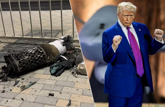 Links: restanten van een Iraanse raket die boven Qatar is onderschept, rechts: Trump.