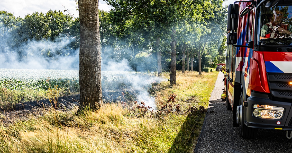 Brandweer blust berm aan Molenwijk in Bovensmilde